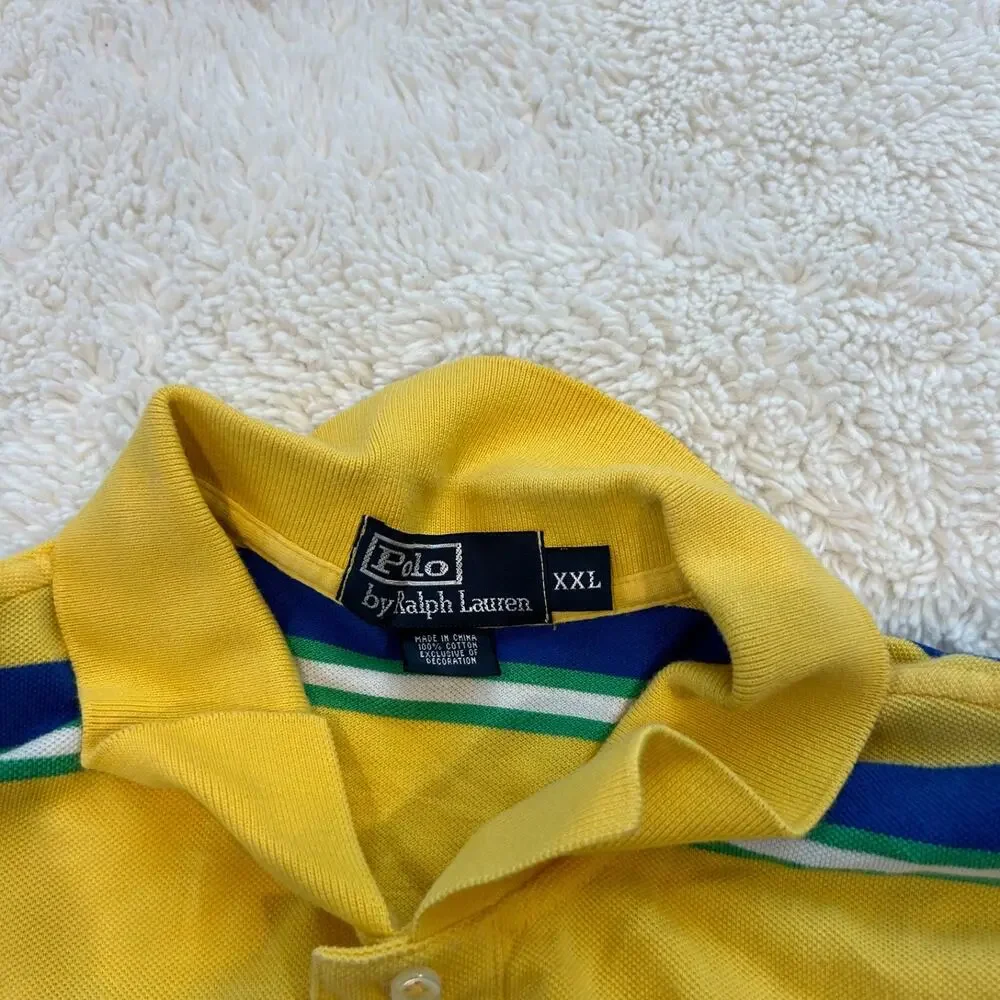Polo Ralph Lauren Mens Yellow/Blue Striped 2XL Cotton Preppy Casual Summer Golf